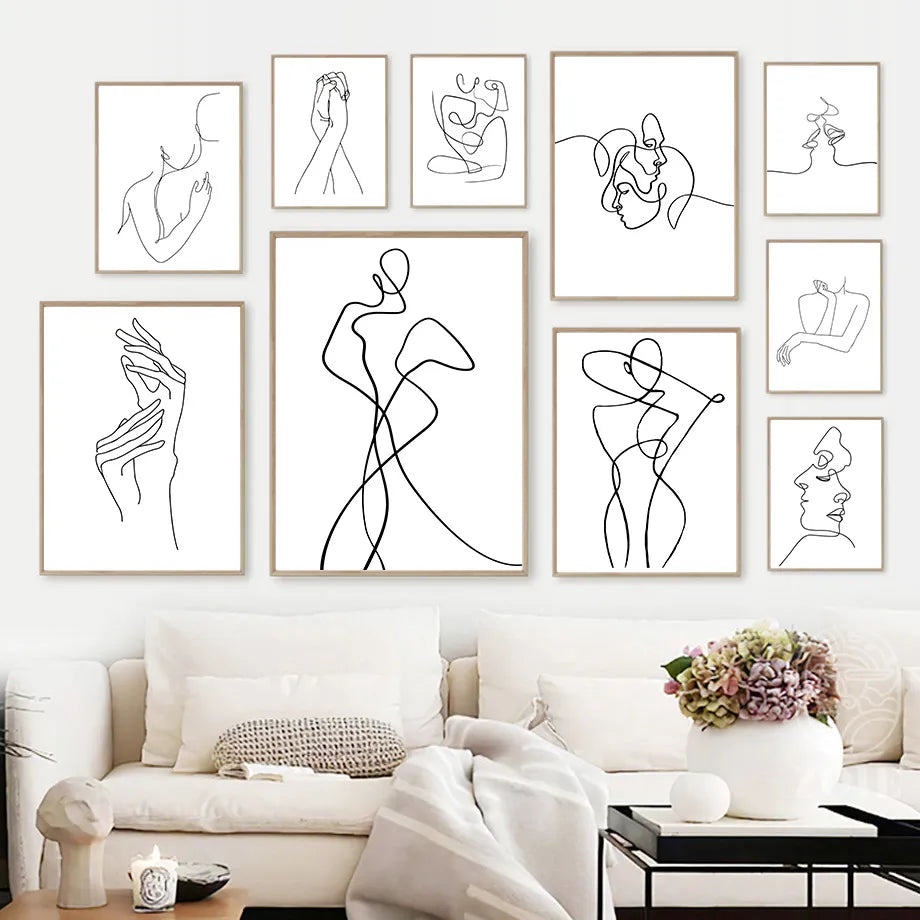 Tableau pose féminine minimaliste en lignes abstraites