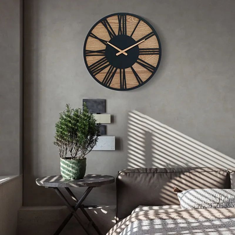 Horloge murale métal bois chiffre romain